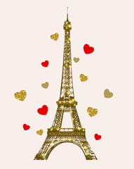 Fototapeta na wymiar Golden shining Eiffel Tower and hearts
