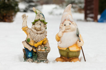 Couple of garden dwarves in winter garden. Funny garden gnomes on the snow in the yeard. Good mood elves in winter in the snowy backyard. Good vibrations, winter garden with couple of cheerful gnomes