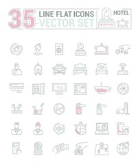 Vector graphic set.Icons in flat, contour,thin and linear design.Hotel and its services.Simple isolated icon on white background.Concept illustration for Web site, app.Sign,symbol,emblem.