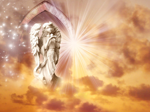 angel archangel with gate, stars and rays of light over mystical background 