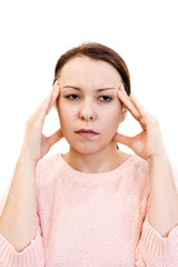 Woman having headache on white background young brunette woman holding his head, migraine, fatigue, sad face