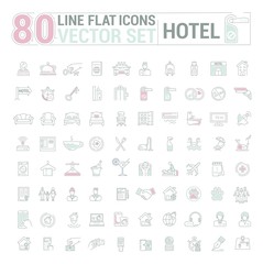 Vector graphic set.Icons in flat, contour,thin and linear design.Hotel and its services.Simple isolated icon on white background.Concept illustration for Web site, app.Sign,symbol,emblem.