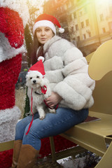 Fototapeta premium Beautiful woman in the winter time with her dog. Woman wearing a winter coat. Sitting in the sled. Lens flare in the background.