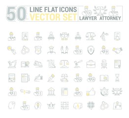 Vector graphic set. Icons in flat, contour, thin and linear design.Lawyer. Law and case law. Simple icon on white background.Concept illustration for Web site, app. Sign, symbol, emblem.