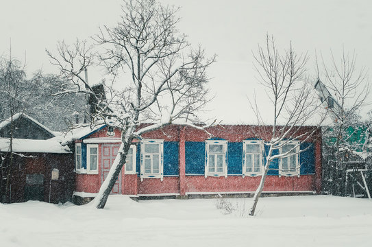 Winter landscape. wood small house in snow