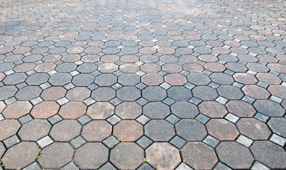 Fototapeta premium Perspective View of Various Color Grunge Brick Stone on The Ground for Street Road. Sidewalk, Driveway, Pavers, Pavement in Vintage Design Flooring Hexagon Pattern Texture Background