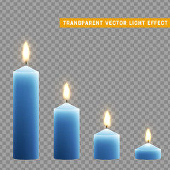 Candles burn with fire realistic. Set isolated on transparent background. Element for design decor, vector illustration