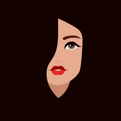 Cute beautiful young brunette woman. Portrait of girl covering half of face by hair. Vector avatar