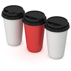 Disposable coffee cups. Blank paper mug. 3d render isolated on white background