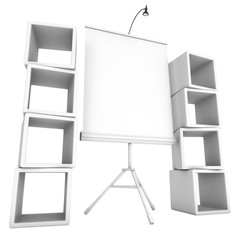 Blank Roll Up Expo Banner Stand on Tripod and product display boxes. Trade show booth white and blank. 3d render illustration isolated on white background. Template mockup for your expo design.