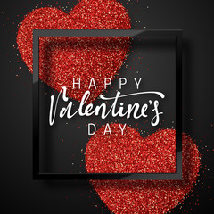 Happy Valentines Day lettering greeting card on red bright heart background. Festive banner and poster. - obrazy, fototapety, plakaty
