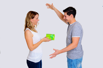 young beautiful couple with gift box