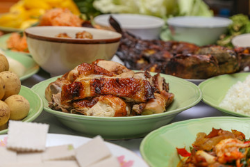 various thai food in banquet main is grilled chicken
