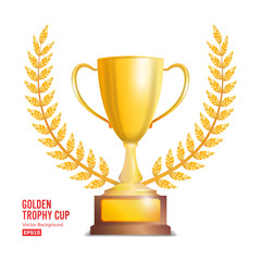 Fototapeta na wymiar Golden Trophy Cup With Laurel Wreath. Award Design. Winner Concept. Isolated On White Background. Vector Illustration
