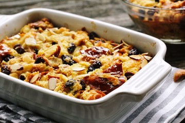Homemade Orange bread pudding casserole, selective focus