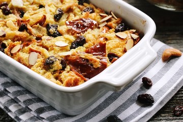 Homemade Orange bread pudding casserole, selective focus