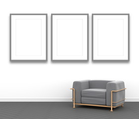 3d interior rendering of living room scene with gray modern chair and three blank gray picture frames