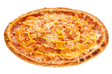 Delicious classic italian Pizza with chicken, tomatoes and cheese