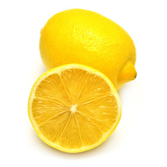 The cut lemon isolated on white background. Tropical fruit. Flat
