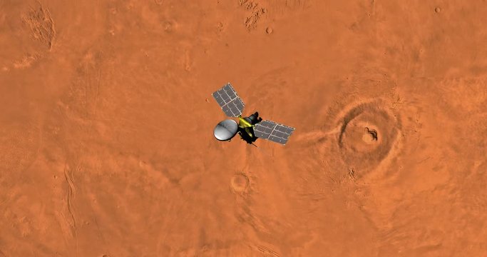 Top view of Mars Reconnaissance Orbiter in orbit above Tharsis Region. Clip is reversible and can be rotated 180 degrees. Data: NASA/JPL/USGS