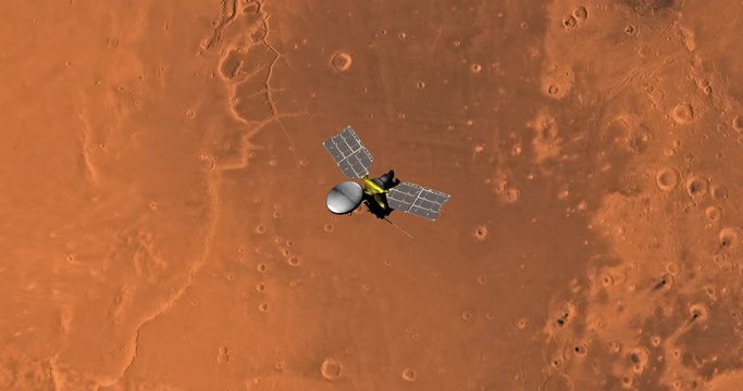 Top view of Mars Reconnaissance Orbiter in orbit above Lanae Palus Region. Clip is reversible and can be rotated 180 degrees. Data: NASA/JPL/USGS