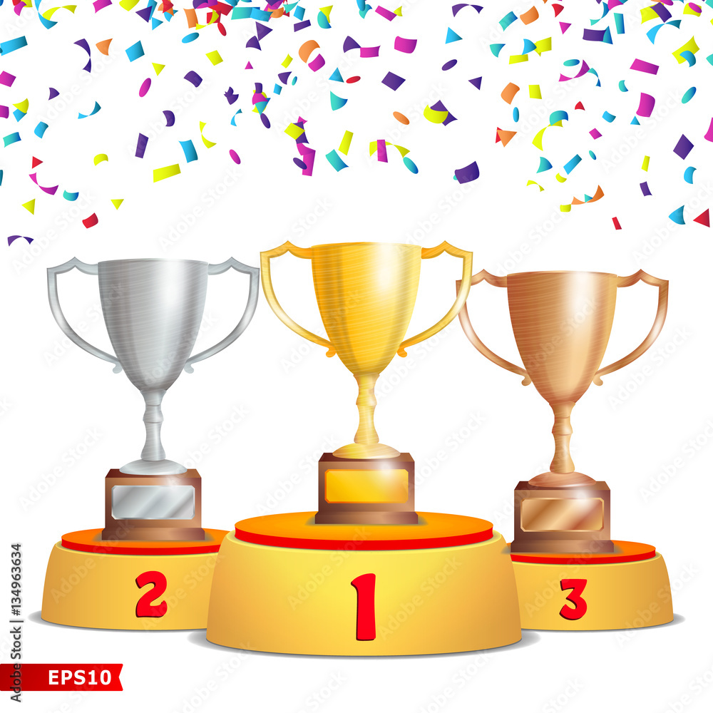 Sticker Trophy Cups On Podium. Golden, Bronze, Silver. Winners Pedestal Concept With First, Second And Third Place. Award Ceremony  Falling Confetti. Winner . Vector Illustration