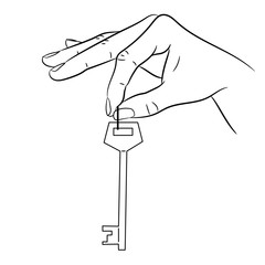 hand holding the locking key on white background of monochrome vector illustrations
