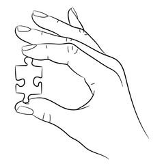 Hand holding a puzzle on white background of monochrome vector illustrations