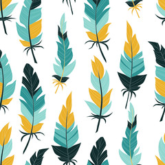 Seamless background vintage colored feathers. Pattern.