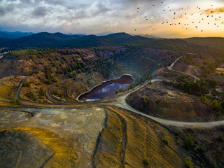 The Red Lake - An aerial photo of copper mines in Cyprus, during sunset