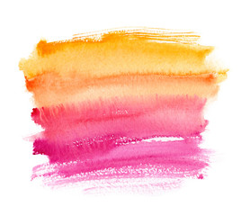 Warm yellow to pink gradient brush strokes painted in watercolor on clean white background - 134967019