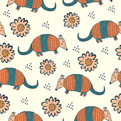 Colorful seamless pattern with armadillo and flowers