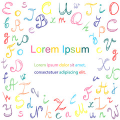 Hand Drawn Doodle Font. Colorful Children Drawings of Scribble Alphabet Arranged in a Circle.  Vector Illustration.