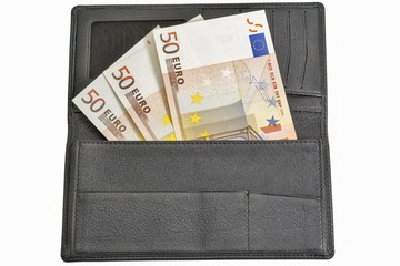 Euro bills in black leather wallet isolated on white