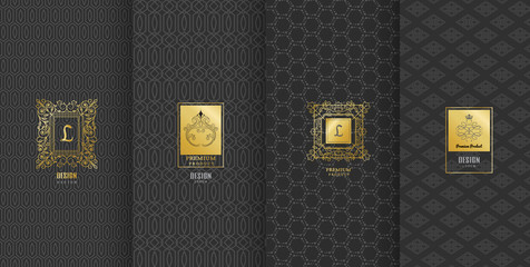 Collection of design elements,labels,icon,frames, for packaging,design of luxury products.Made with golden foil.Isolated on black background. vector illustration