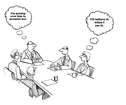 Business cartoon about a  boss planing to promote a female. 