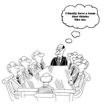 Business cartoon about team members who look and think exactly like their boss. 