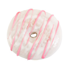 Strawberry donut with white frosting and pink stripes