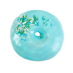 Donut with blue glaze and colorful sprinkles