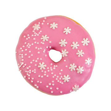Donut with pink frosting and decorative sprinkles