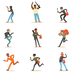 Criminals And Outlaws Set Of Cartoon Characters With Mobster, Burglar, Thief And Other Dangerous Public Enemies