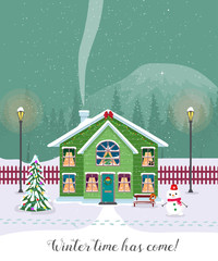 Winter time has come. Postcard with pretty houses in the snow. Decorated Christmas elements.