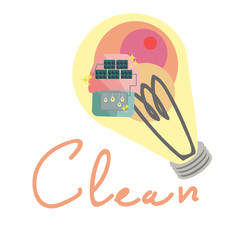 vector illustration of  cute house with solar panel on the rooftop that generating solar energy current for light bulbs in the house. And all of the art objects are in the big light bulb