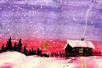Watercolor illustration of winter landscape