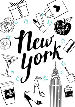 New year4/New York. Vector hand drawn illustration. Fashionable accessories.