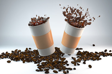 3D illustration of two paper cups of coffee with coffee beans