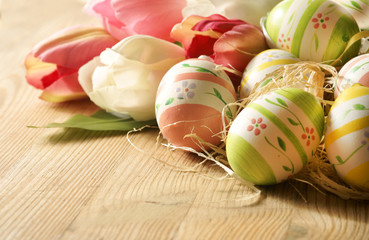Ostern, Easter, Ostereier, Tulpen, copy space