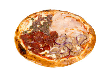 Pizza on a white background with meat, fillet, cheese, mushrooms, peas, onions and tomato sauce.
