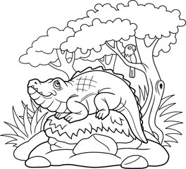 funny cartoon crocodile basking in the sun