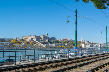 Fototapeta premium View of the Danube river with bastion and bridge in Budapest